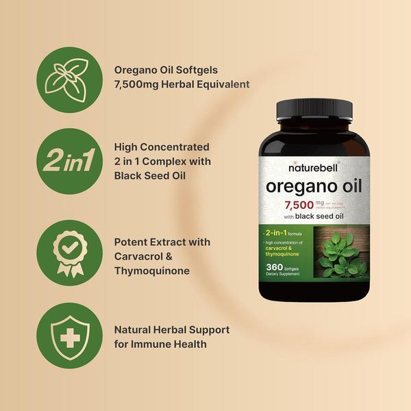 Масло орегано с маслом черного тмина премиум-класса NatureBell Oregano Oil with Black Seed Oil 360 капсул 2425762941 фото