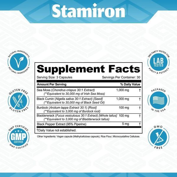 Повний комплекс на основі морського моху Stamiron Irish Sea Moss 30,000 mg Black Seed Oil Capsules 30,000mg with Burdock Root 3000mg 2058332132 фото