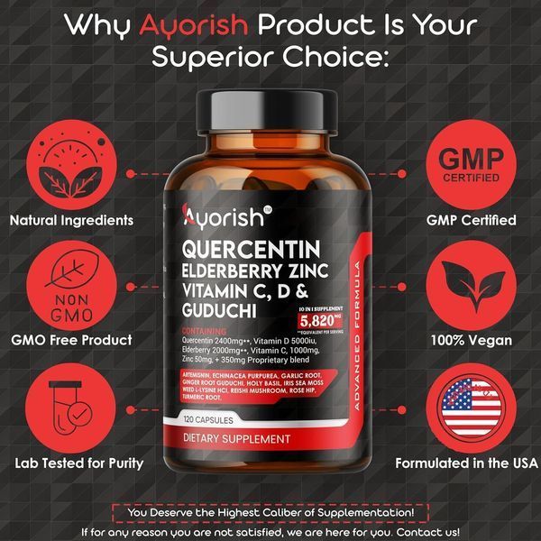 Иммунный бустер премиум-класса Ayorish Quercetin Zinc Vitamin C Vitamin D 5000 IU, Elderberry with Artemisinin, Sea Moss, 2094570851 фото