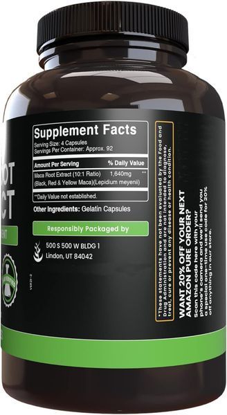 Добавка премиум-класса корень мака Pure Original Ingredients Maca Root 365 капсул 4384308143 фото