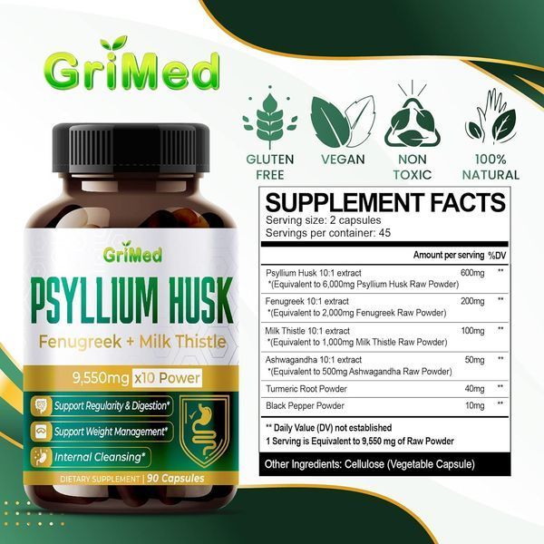 Превосходная формула, общее здоровье и контроль веса GriMed Psyllium Husk 90 капсул 4384306123 фото