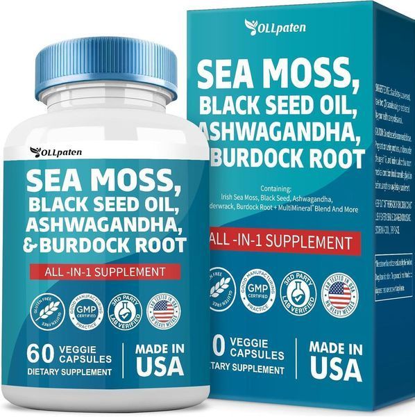 Мультимінеральна суміш преміумкласу OLLpaten Sea Moss Black Seed Oil Ashwagandha Turmeric Bladderwrack Burdock 60 капсул 2351478494 фото