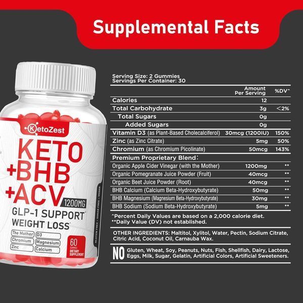 Добавка премиум-класса ускорения метаболических процессов KetoZest Keto ACV BHB GLP-1 Gummies 60 таблеток 2577280958 фото